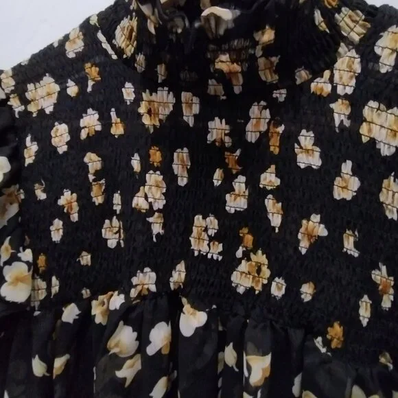 O.P.T. Floral Ruffle Neck Blouse Large Black Sheer Long Sleeve Romantic Top - Picture 4 of 15